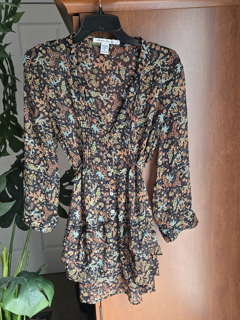 American Rag Black Floral Ruffle Blouse